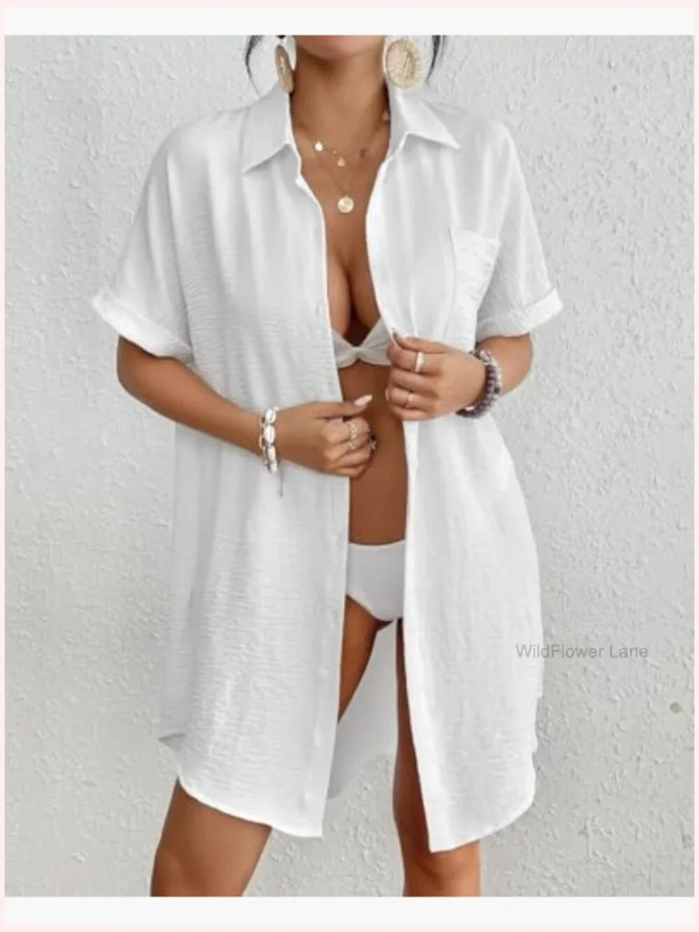Short Sleeve Button Down Shirt Dress Cover Up Beach Vacation Outfit